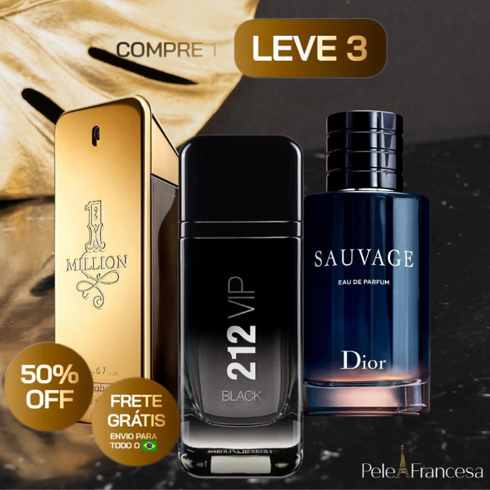 KIT 3 Perfumes Masculinos Importados (100 ml cada) - 212 Vip Black | Sauvage Dior | One Milion - Frete Grátis para todo o Brasil